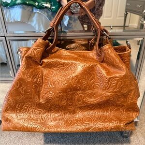 Elegant Embossed Tan Leather Handbag